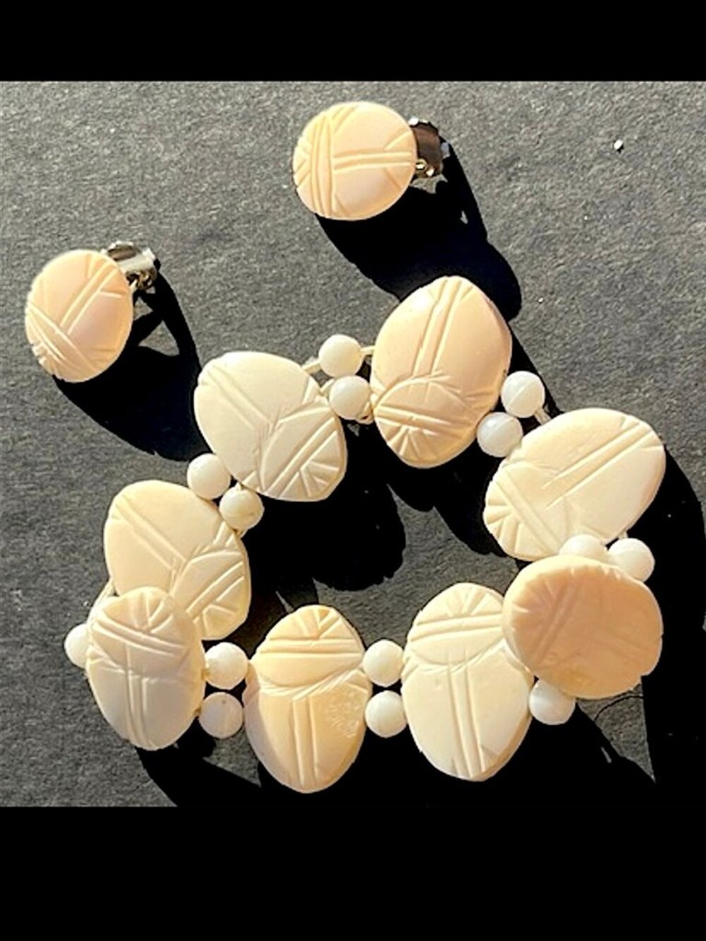 VINTAGE Egyptian Revival Scarab Carved Bracelet w/ Earrings Set Lucite Bone